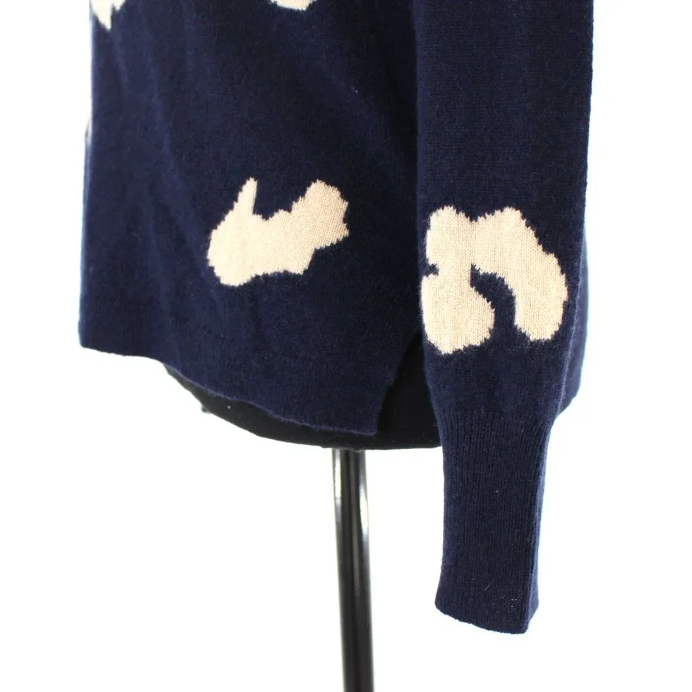J. Crew Cashmere Everyday Navy Tan Leopard Print Crewneck Sweater XS Pullover